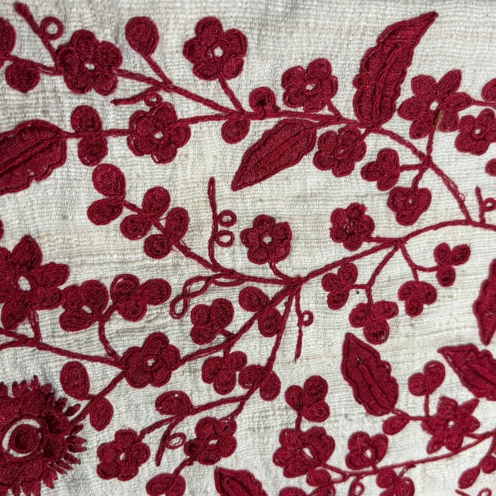 Pillow Cover Cream Red Pottery Barn Floral Embroidered Silk Cotton 18x18 Square